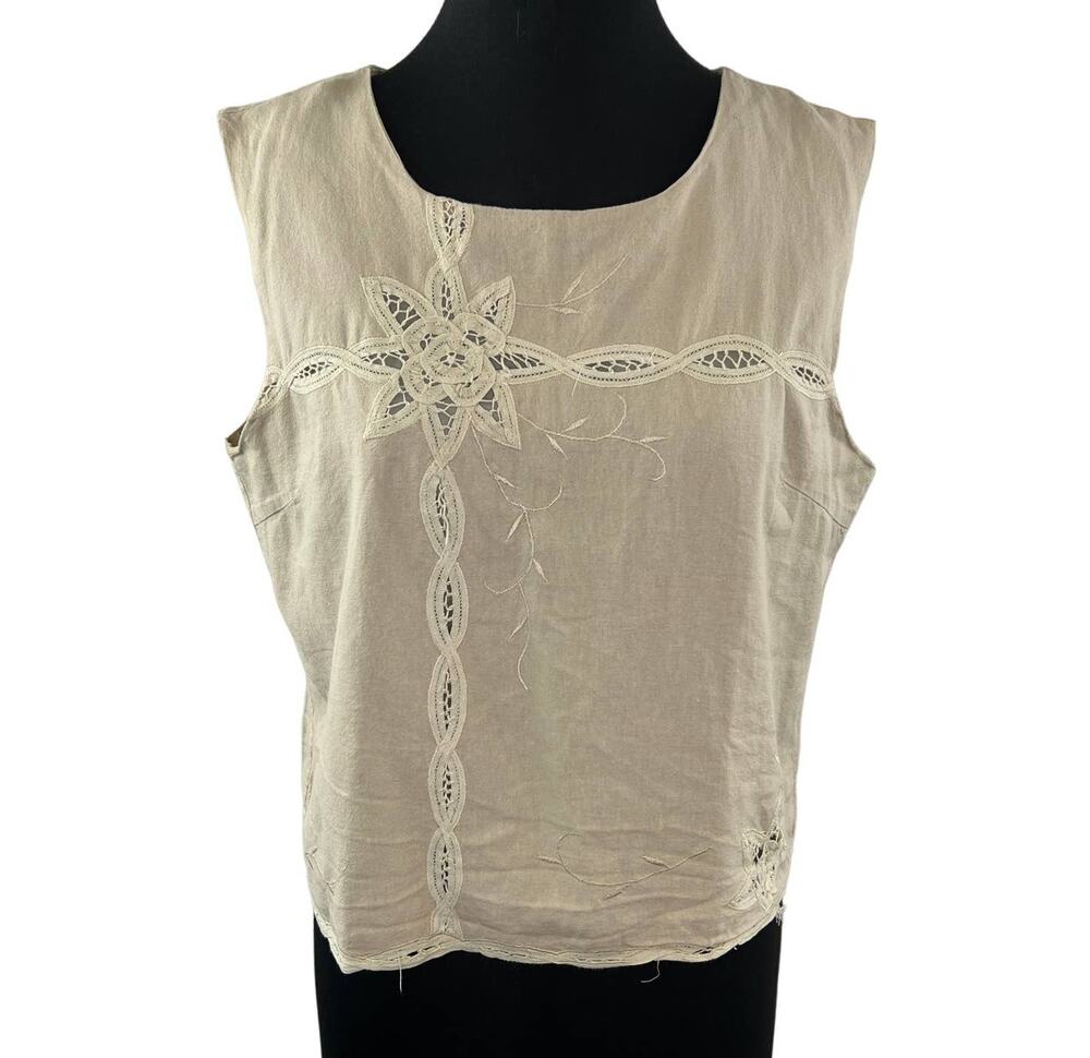 VTG Connection 18 Beige Sleeveless Round Neckline Back Button Linen Blend Top L
